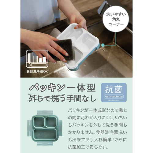 弁当箱　薄型弁当箱　抗菌フードマン500　1段　500ml　グリーン 透明なフタが特徴的な横からのビュー