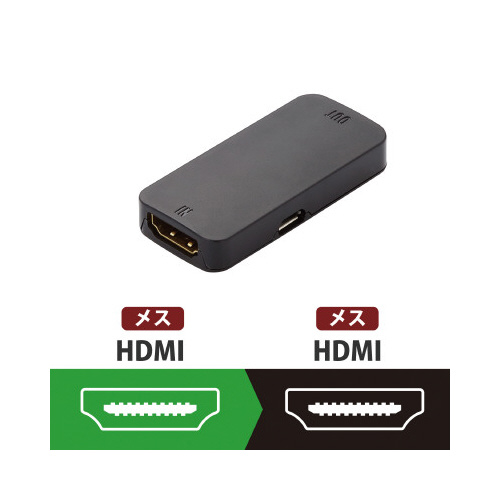 HDMIリピーター/最大延長40m/HDMI1.4 黒い外装が特徴的な製品で、コネクタ部分が強調された斜めからのアングル。