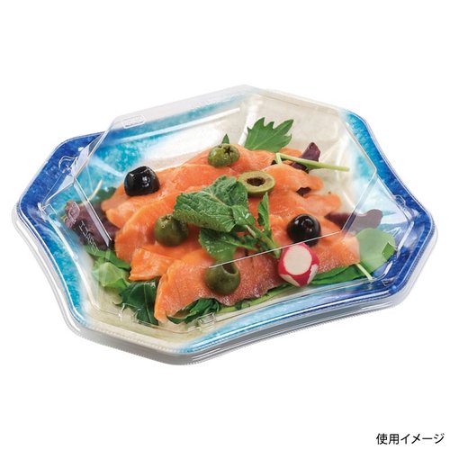 刺身容器 美彩21-18 本体 南国青 エフピコ 透明なプラスチック容器に盛られた色とりどりの刺身が美しく配置された様子