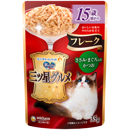 銀のｽﾌﾟｰﾝ三ﾂ星ｸﾞﾙﾒﾊﾟｳﾁﾌﾚｰｸ15歳頃- ささみまぐろ入かつお 1ｾｯﾄ(16ﾊﾟｯｸ)画像