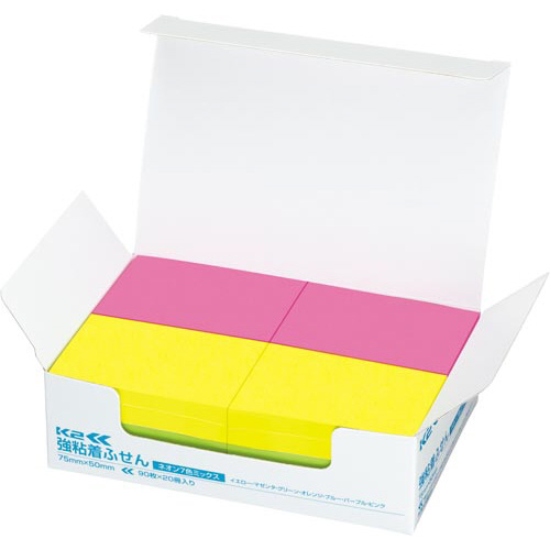 強粘着ふせん　Ｋ２　７５×５０　ネオン混色２０冊画像