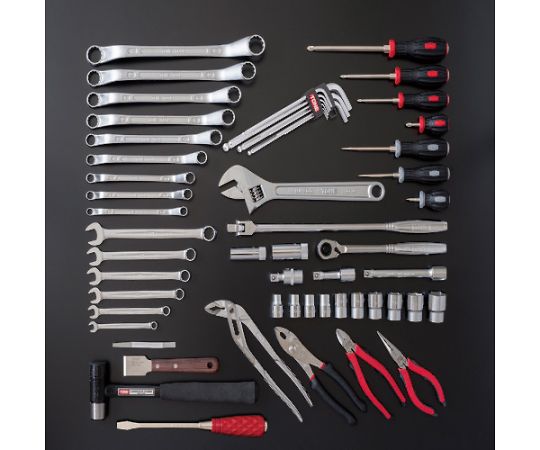 整備用工具セット ツールセット 差込角12.7mm 58点セット レッド 多数のツールが整然と並べられ、赤いケースに収められている様子