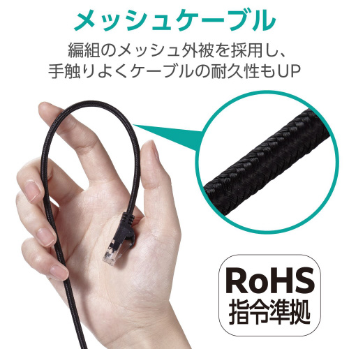 LANケーブル CAT6A準拠 2m メッシュ 黒 黒いメッシュのLANケーブルが真上から見える状態で、しっかりと束ねられている様子。