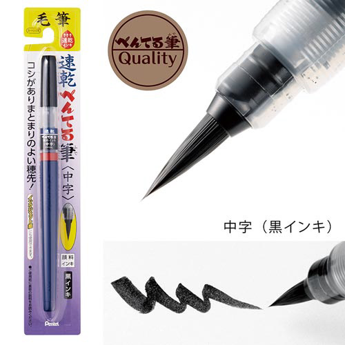 速乾ぺんてる筆　中字 緑のパッケージに描かれた詳細なデザインが見える状態