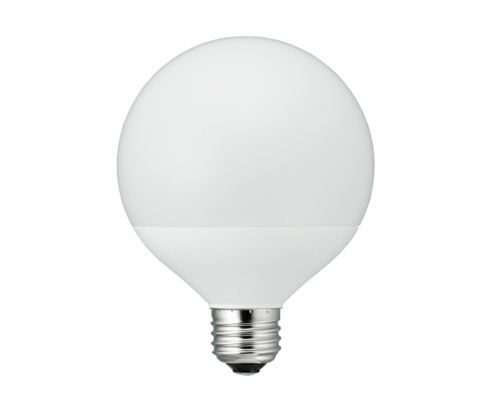 G95ボール形LED　100W相当　E26　L色 白いボール形の明るいLED照明が箱に収められている様子