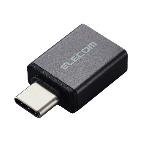 C変換アダプタ USB2.0 480Mbps 黒 平らな面に置かれた、光沢のある黒いアダプタの詳細が見える状態