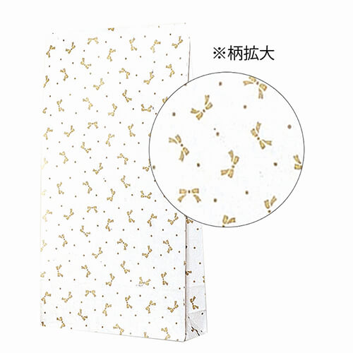 角底袋（リボン・金・幅260×マチ80×高470mm) 金色のリボン付きの一つの底が四角い袋が正面を向いて自立している様子