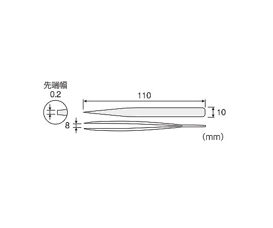 非磁製ピンセット 光沢のある金属製で、先端が細く尖ったピンセットが正面から見える状態