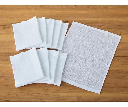 ウォッシュタオル10p クリアカラー ホワイト 28×38cm 1セット（10枚×10袋入） パッケージが並べられた状態、透明な袋に収められたタオルが見える。