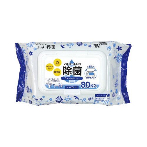 アルコール配合除菌ウエットティシュ　フタ付８０枚入画像