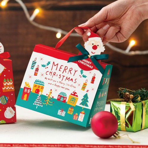 贈答箱 クリスマスドリームギフトボックスバッグ-M(10枚) ヘッズ 色とりどりのクリスマスデザインが施されたギフトボックスバッグが並ぶ様子