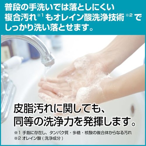 ハンドソープ ソフティ EX-CARE コンパクト泡ハンドウォッシュ 花王 白いボトルに泡が盛り上がった状態、青と白のデザインが目を引く。