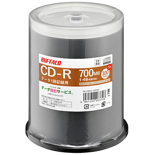 CD-R PCﾃﾞｰﾀ用 700MB 48倍速 ﾎﾜｲﾄﾜｲﾄﾞﾌﾟﾘﾝﾀﾌﾞﾙ ｽﾋﾟﾝﾄﾞﾙ 100枚+5枚 1ﾊﾟｯｸ画像