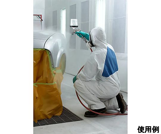 [3L] 防護服(使い捨て/塗装用) フード付きの白いつなぎが前面を向けて広げられ、中央のファスナーと袖口・裾のゴムが確認できる状態