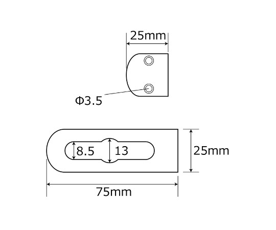 補助金具ステンレス　L型　長さ75×25mm 金具が正面から撮影され、角度や溶接部分が明確に見える状態