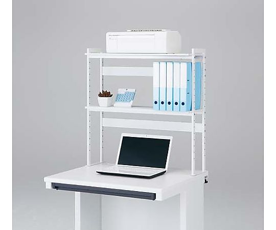 デスク周りデスクラック2段W800スノーホワイト 全体がスノーホワイトの色合いで、上部がオープンな2段ラックの正面からの眺め。