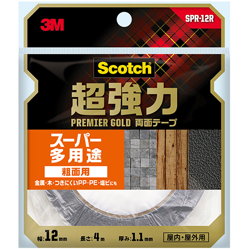 ｽｺｯﾁ 超強力両面ﾃｰﾌﾟ ﾌﾟﾚﾐｱｺﾞｰﾙﾄﾞ (ｽｰﾊﾟｰ多用途) 粗面用 12mm×4m 1巻画像