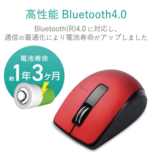 BlueLED Bluetoothマウス レッド 赤いボディと黒いボタンが特徴のワイヤレスマウスが斜めから見える状態