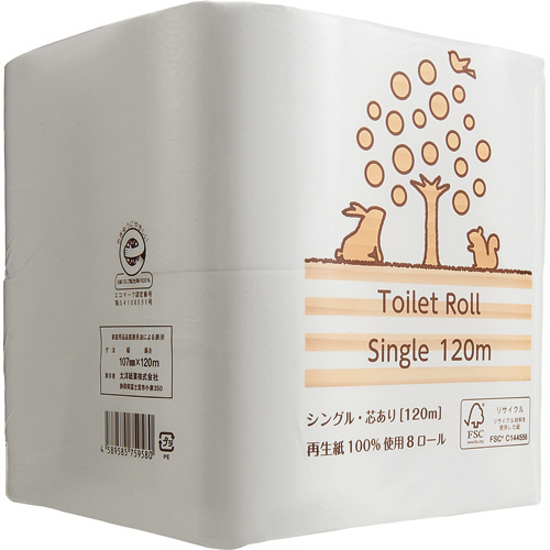 ﾘｻｲｸﾙﾄｲﾚｯﾄﾍﾟｰﾊﾟｰ(2倍巻) ｼﾝｸﾞﾙ 芯あり 120m 1ﾊﾟｯｸ(8ﾛｰﾙ)画像