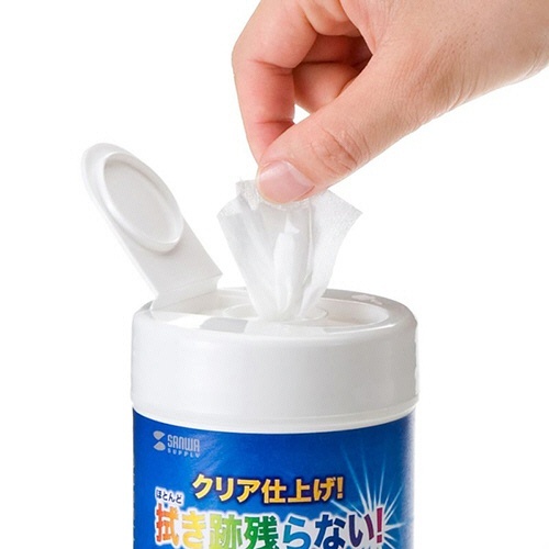 OAウェットティッシュ　液晶用　ボトルタイプ　1個(80枚) ボトルの前面にラベルが貼られ、蓋が開いた状態で中身が見える様子