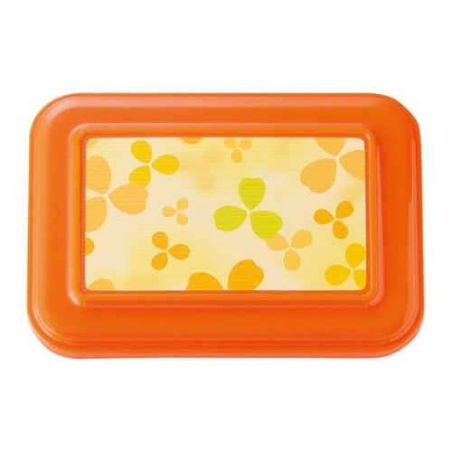食器 B-405 [本体]オレンジ92 [蓋]オレンジ92 クローバー(イエロー) タカギ産業 [ケース販売] 商品が置かれた上からの俯瞰視点、オレンジとイエローの鮮やかなコントラストが目を引く。