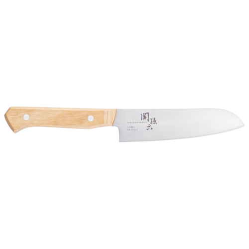小三徳包丁　関孫六　しらあい　小三徳　145mm 刃先が光沢を放つ状態で持ち手が見える角度