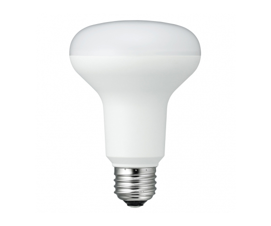 R80レフ形LED　昼白色　調光対応 白色のLED電球が前面に映り込み、下部のソケット部分が見える状態