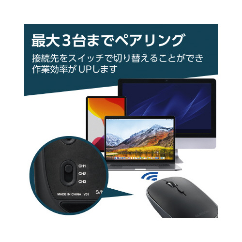 Bluetoothマウス ガンメタリック 滑らかな質感のガンメタリックカラーが施された、斜め上からのアングルで見える状態
