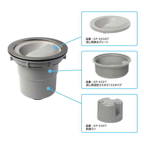 排水口トラップ　浅型排水トラップセット　下向き排水　プラスチックゴミカゴタイプ 透明なプラスチック製のゴミカゴが下向きに配置された様子で、内部には小さなゴミが見える状態