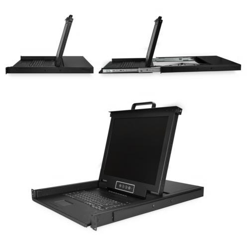 KVMコンソール　ラックマウント型　8ポート　17型モニター　1台 モニターとキーボードが一体となったラックマウント型のコンソールが前面に設置されている様子