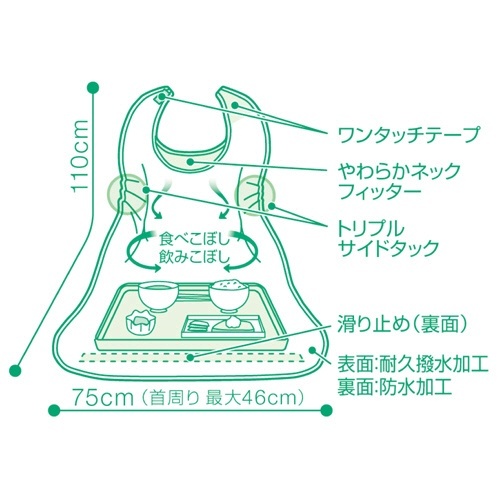 プラスハート　こぼれにくい食事用エプロン　サイドタック　グリーン　1セット(5枚) 緑色の食事用エプロンが5枚並んでいる様子
