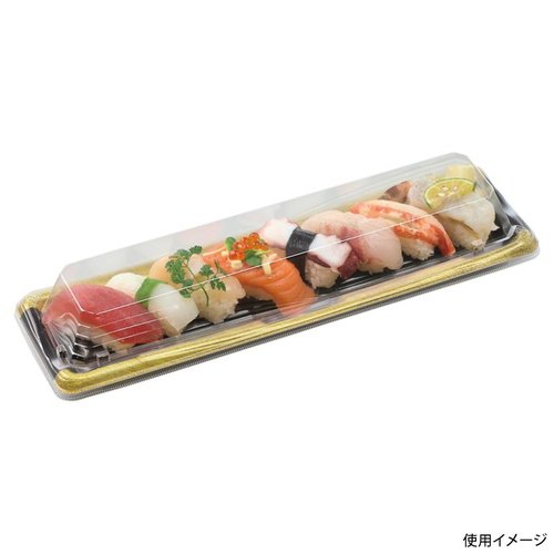 寿司容器 彩風1-8 本体 すばる エフピコ 透明な容器に商品が入った状態、周囲に清潔感が漂う様子