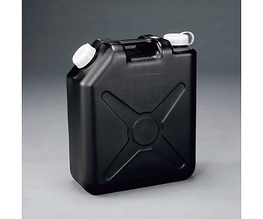 20L ポリタンク(遮光性/ノズル無) 横から見た状態で、黒いプラスチック製のタンクがしっかりとした形状で置かれている。