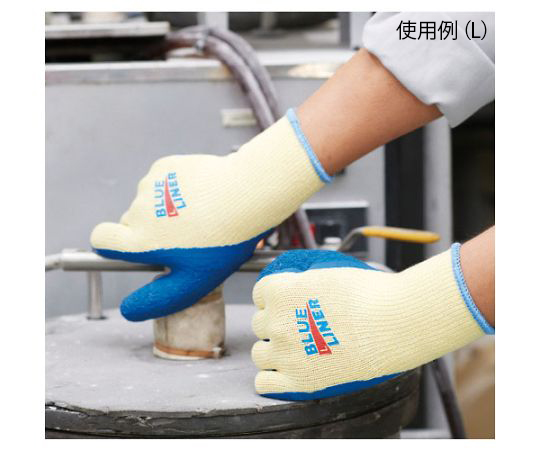 天然ゴム背抜き手袋　ブルーライナー　S 手のひら部分が青色の滑り止め加工が施された手袋が正面に見える状態