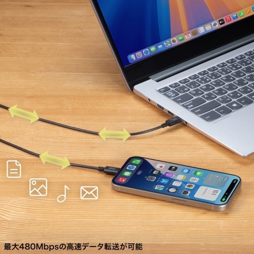 USB2.0　PD60W対応　Type-Cケーブル　ブラック　1.5m(RoHS指令10準拠)　1本 黒い1.5mのタイプCケーブルが使用された状態で、コネクタ部分がしっかりと見える。