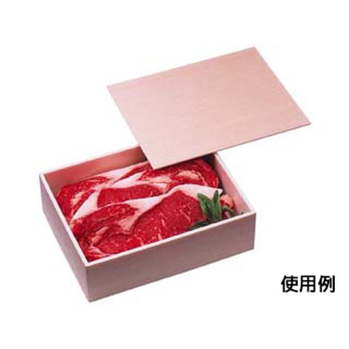 折箱 精肉折 1.5Kg用 蓋付 エフピコ 白い蓋が付いた折箱が正面から見える状態で、側面には透明な窓があり、中身が透けて見える。