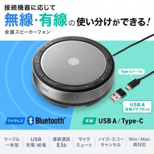 Bluetooth会議スピーカーフォン(USB接続対応)　1台 製品の周囲を囲む複数のポートとボタンが見える状態