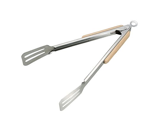 55x300mm トング(ターナー型/天然木柄) 木製のハンドルがついた金属製のトングが横向きで置かれている様子