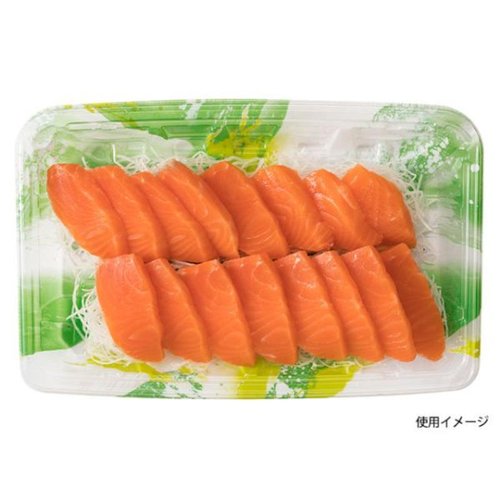刺身容器 バイオPET 流し盛 25-16B 海洋緑 リスパック 透明なプラスチックの容器が横から見える状態、海洋緑の色合いが際立っている。