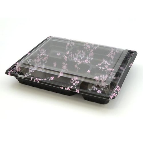 弁当容器 KIP-10 枝垂桜 セット ケーピープラテック 透明な容器に桜模様が施され、フタが閉じた状態で並べられた様子