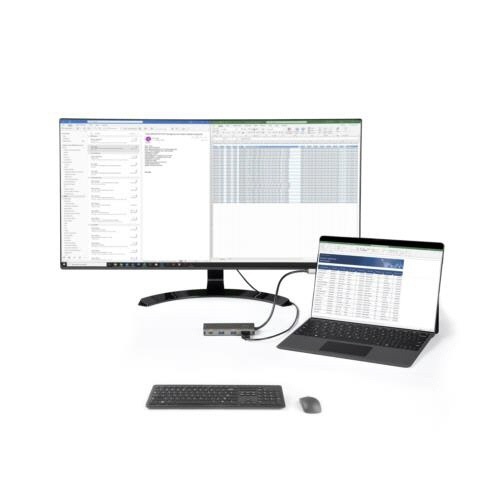USB　Type-C　マルチハブ　グレー　1個 左側から撮影されたスリムなデザインのハブ、接続ポートが整然と配置されている様子
