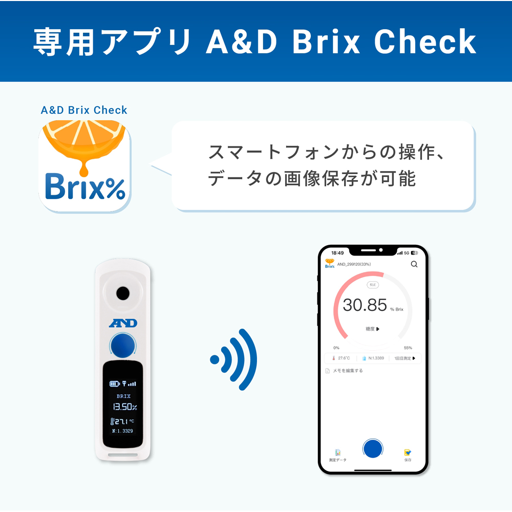 Bluetooth®内蔵 デジタル糖度計 デジタル表示がはっきりと見える測定器が乾電池とともに配置された様子