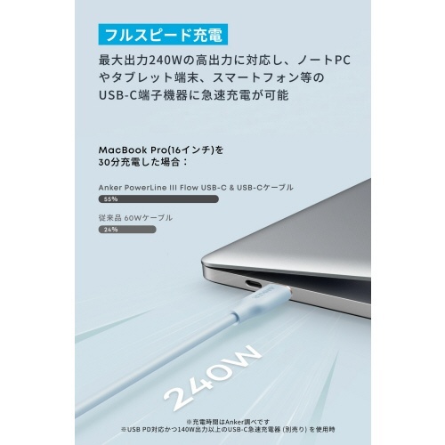 ANKER　PowerLine　III　Flow　USB-C&USB-Cケーブル(100W)　1.8m　アイスブルー　1本 ケーブルのコネクタ部分がアップで映し出された状態