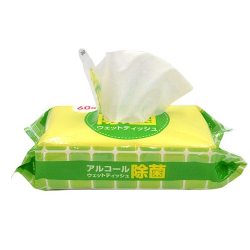 アルコール除菌 ウェットティッシュ 60枚×3個パック パックスタイル 横向きに並んだ3つの個包装が透明フィルムでまとめられ、各パックの白い開閉フタが上面に見える状態