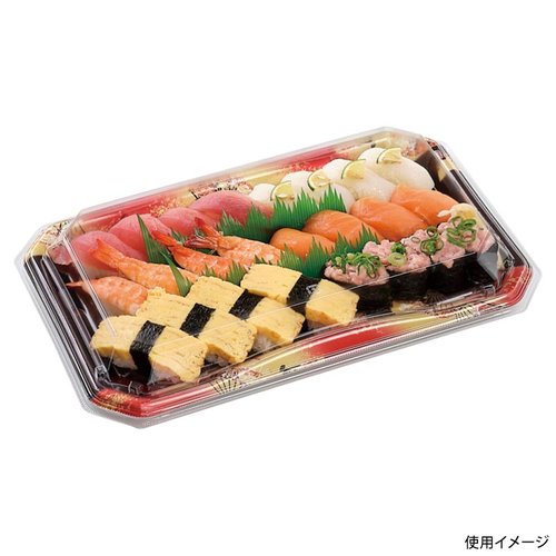 寿司容器 美彩3-9 本体 金フチ扇 エフピコ 金色の縁取りが施された扇型の容器が整然と配置されている様子