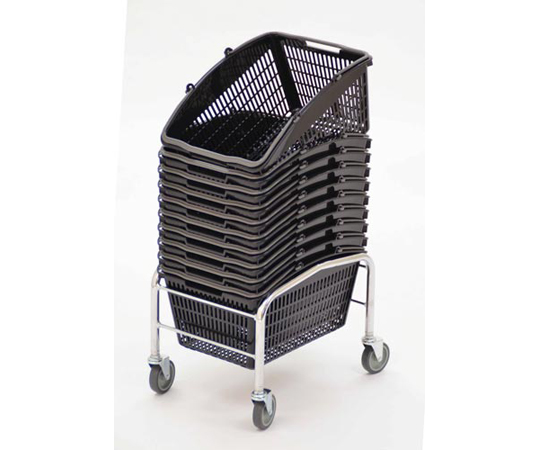 シンプルカラーバスケット専用カート 16L用 カートに乗ったカラフルなバスケットが並んで見える様子