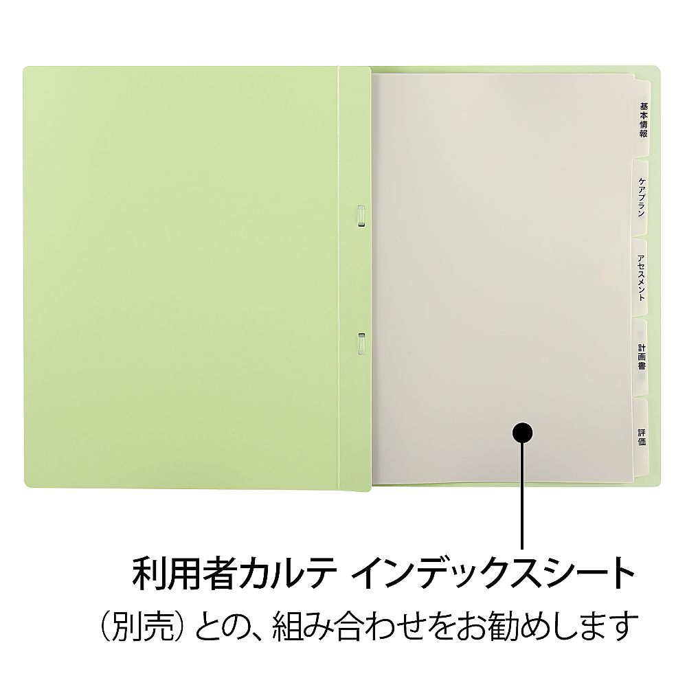 利用者カルテファイル（フラットファイル） グリーン 1セット（10冊入） クリアポケットに収められたフラットファイルが横に並ぶ様子