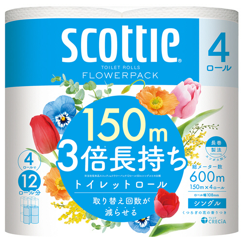 ｽｺｯﾃｨ ﾌﾗﾜｰﾊﾟｯｸ 3倍長持ち ｼﾝｸﾞﾙ 芯あり 150m 香り付き 1ﾊﾟｯｸ(4ﾛｰﾙ)画像