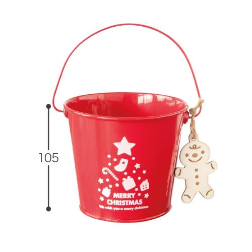 フラワー什器 ミニサンタブリキバケツ-S(6個) ヘッズ 錫の質感が感じられるミニバケツが立てられ、赤と白のストライプが目を引く状態