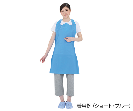 防水カラーエプロン ロング ブルー しっかりとした質感のブルーのエプロンがひもで束ねられ、両サイドにポケットがある様子。
